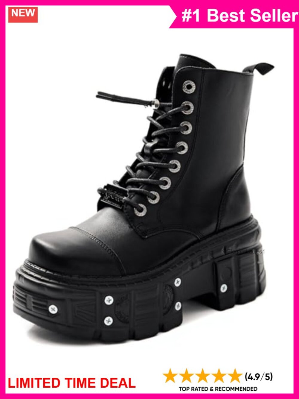 Women's Platform Goth Ankle Boots Studded Buckle Lace Up Chunky Heel